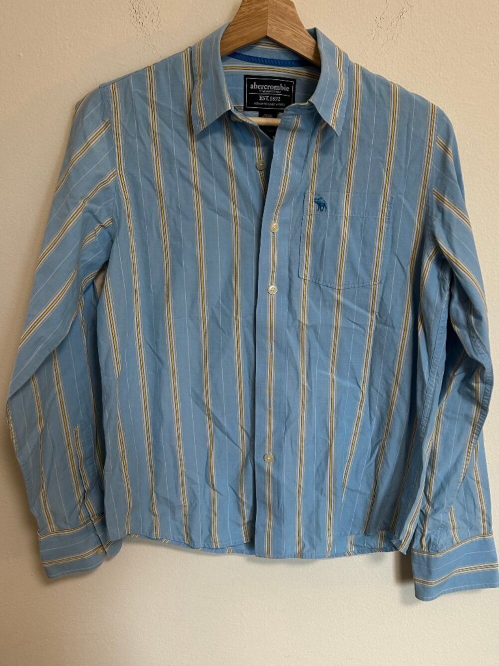Abercrombie Outfitters Boys Yellow-Striped Blue Dress Shirt Sz Large EUC